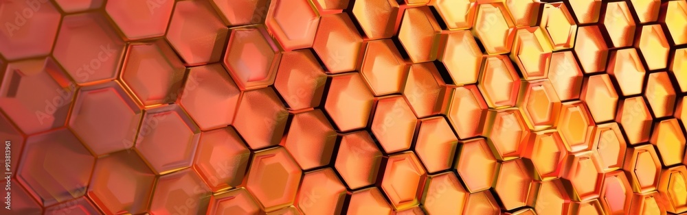 An abstract pattern of hexagonal shapes in shades of orange and yellow. The hexagons are arranged in a repeating pattern and create a sense of depth and movement. An abstract pattern of hexagonal shapes in shades of orange and yellow. The hexagons are arranged in a repeating pattern and create a sense of depth and movement.