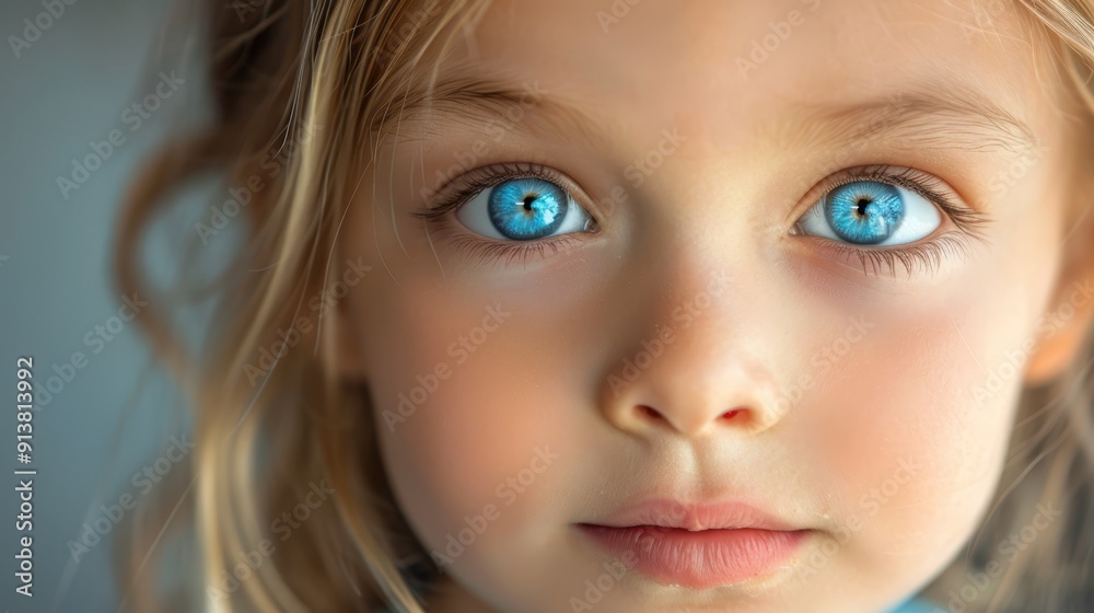 A tight shot of a child's blue eyes gazing directly into the camera, framed by long, golden locks A tight shot of a child's blue eyes gazing directly into the camera, framed by long, golden locks