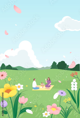 A couple is having a picnic in a flowering garden