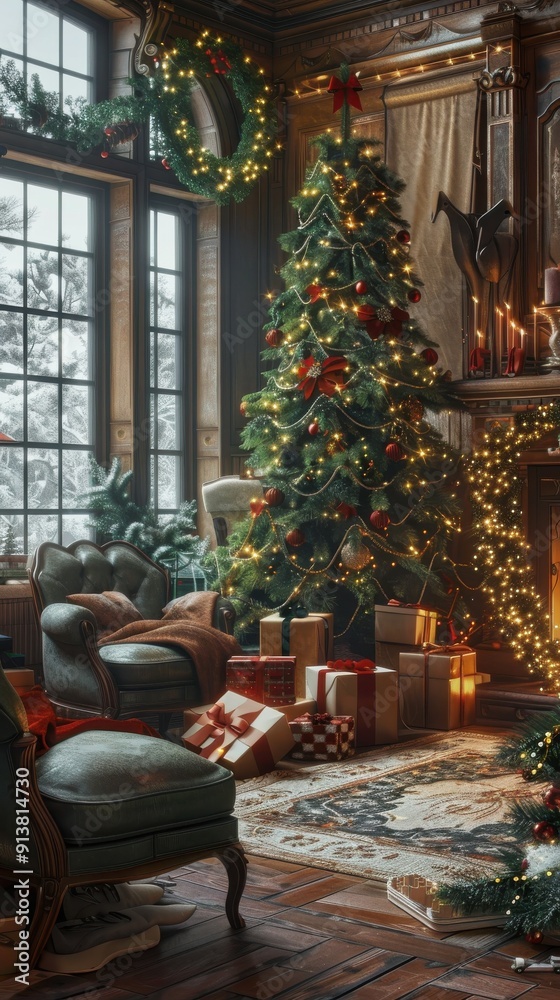 Obraz premium The image captures a cozy Christmas living room with a decorated Christmas tree, wrapped gifts, and a garland hanging by the windows. The room is filled with warm light, creating a festive and invitin