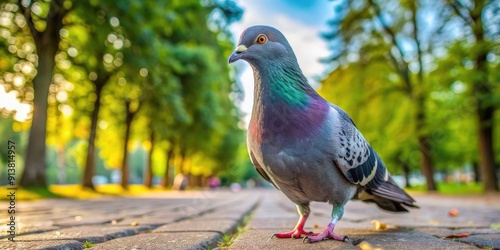 close up of curious urban pigeon in park on paveme photo