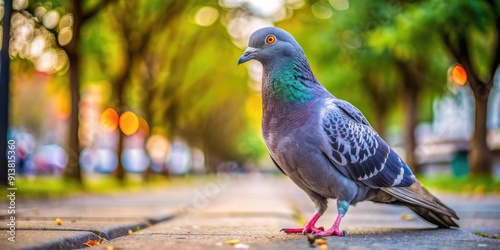 close up of curious urban pigeon in park on paveme photo