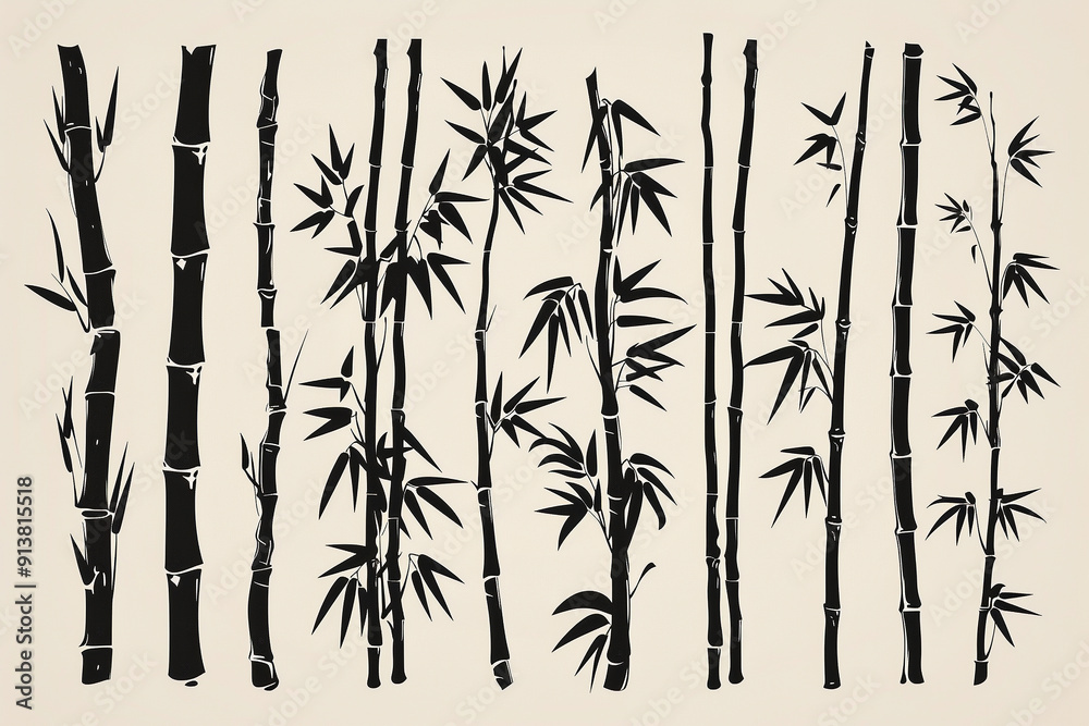 Handdrawn bamboo shoots, black and white, flat design, intricate details