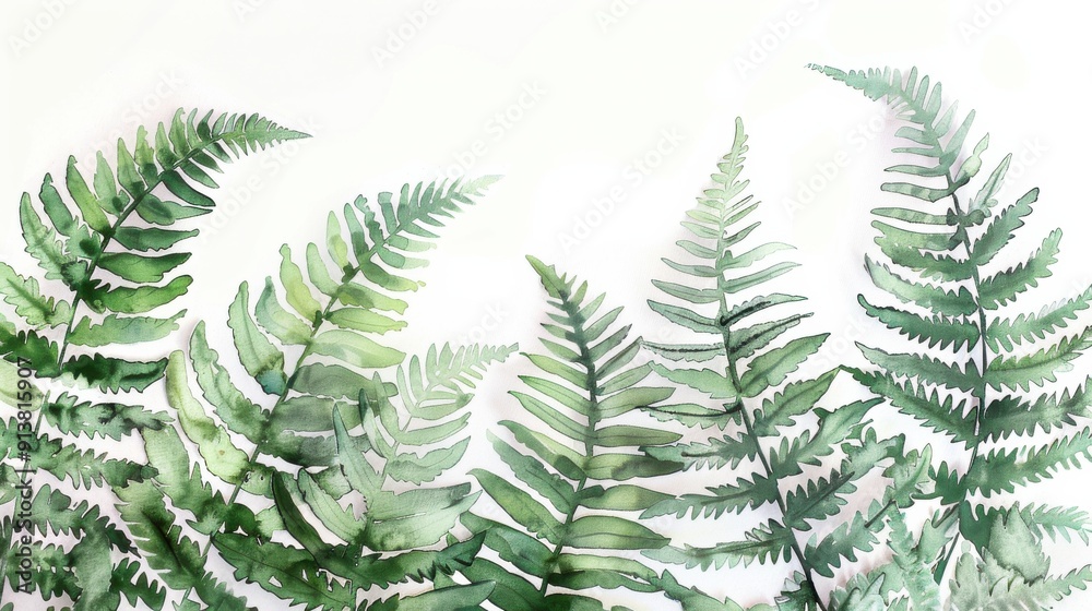 Naklejka premium A watercolor painting of six fern fronds in various shades of green, against a white background. The painting has a delicate, airy feel, highlighting the intricate detail of the fronds.