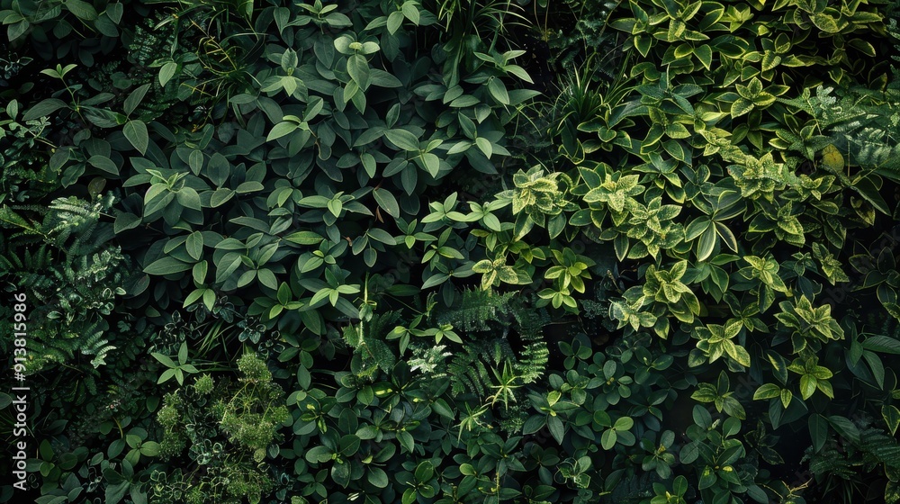 A close-up photograph of a wall of lush green foliage in a garden setting. The image captures the intricate details of various leaves, showcasing a variety of shapes, sizes, and textures. The overall 