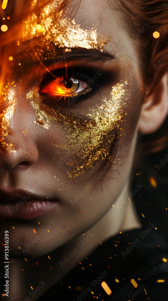 Artistic close-up of a woman with fiery eyes and golden makeup, featuring a dramatic half-face view. Artistic close-up of a woman with fiery eyes and golden makeup, featuring a dramatic half-face view.