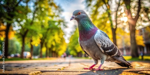 close up of curious urban pigeon in park on paveme photo