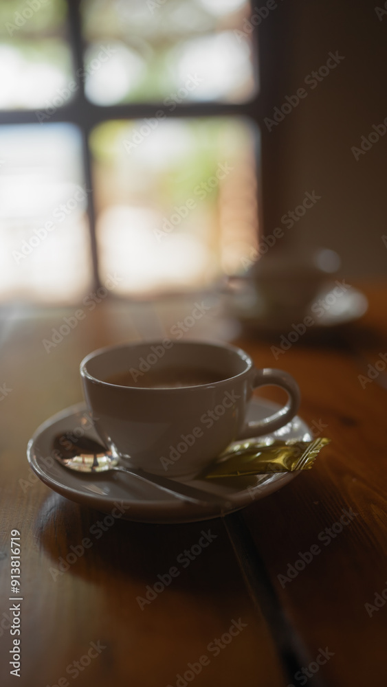 A white cup of steaming coffee on a wooden table with a blurred background in a cozy atmosphere. A white cup of steaming coffee on a wooden table with a blurred background in a cozy atmosphere.