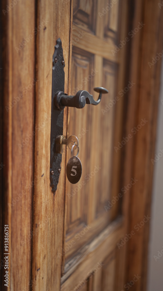 Obraz premium Close-up of a vintage key in an ornate latch on a wooden door, featuring number tag '5'.