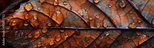 A close-up photograph showcases a single autumn leaf, its vibrant orange and brown hues accented by glistening water droplets. The delicate veins of the leaf are visible, and the light reflects beauti photo