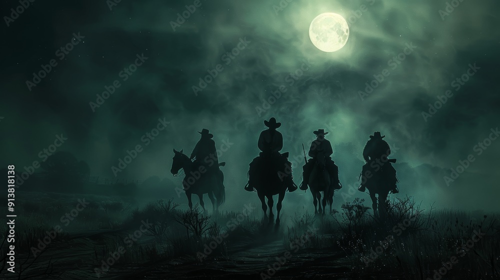 Fototapeta premium Wild West Night Patrol: Cowboys Riding Under a Full Moon - Silhouettes and Shadows for Poster Design