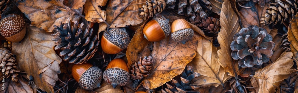 A close-up image of acorns, pinecones, and leaves on the forest floor during autumn. The fallen leaves are brown and orange, and the acorns are still in their caps. The pinecones are closed and appear A close-up image of acorns, pinecones, and leaves on the forest floor during autumn. The fallen leaves are brown and orange, and the acorns are still in their caps. The pinecones are closed and appear