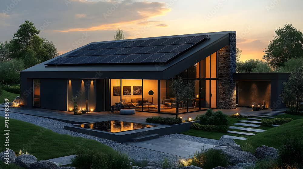 Modern home with solar panels at dusk.