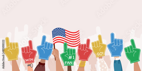 Fan Foam Fingers with USA Flag. Concept of sport symbol. Sport fan hand attribute, cheer support team accessories. Athlete or basketball cheering on stadium. Banner Design template for sport game