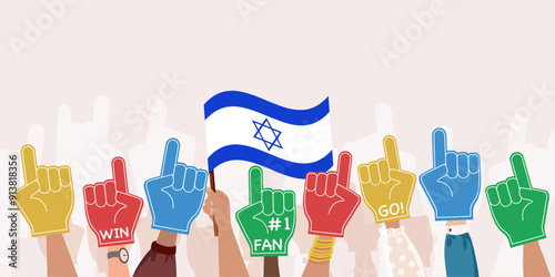 Fan Foam Fingers with Israeli Flag. Concept of sport symbol. Sport fan hand attribute, cheer support team accessories. Athlete or basketball cheering. Banner Design template for sport game