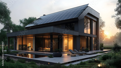 Modern home with solar panels and pool.