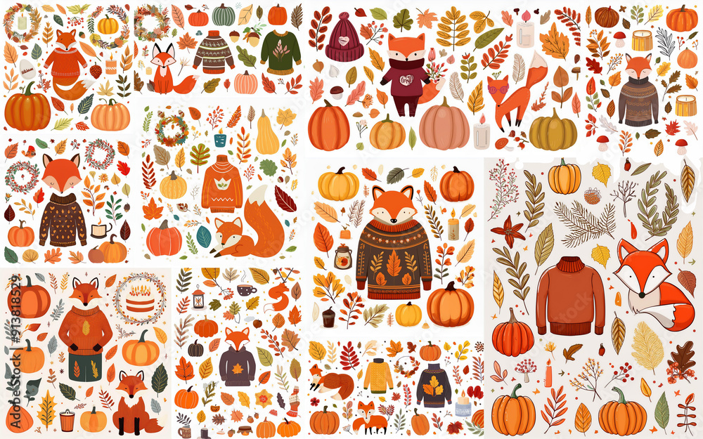 Autumn icons set: falling leaves, pumpkins, sweater, cute fox, floral wreath, candles and other. Fall season elements perfect for scrapbook, card, poster, invitation, sticker kit. Vector illustration