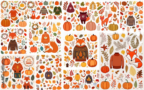 Obraz na płótnie Autumn icons set: falling leaves, pumpkins, sweater, cute fox, floral wreath, candles and other. Fall season elements perfect for scrapbook, card, poster, invitation, sticker kit. Vector illustration w salonie