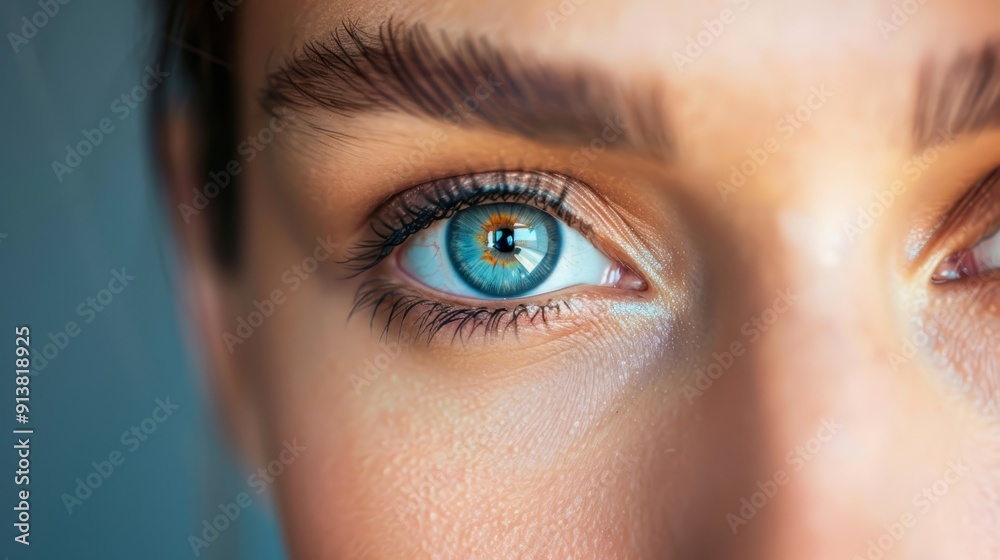 A tight shot of a woman's expressive blue eye, framed by lengthy lashes, fixated on the camera A tight shot of a woman's expressive blue eye, framed by lengthy lashes, fixated on the camera