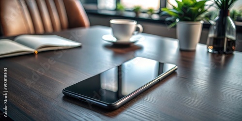 close up of smartphone on dark office table