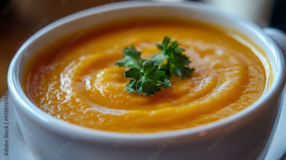 Macro Shot of Carrot Soup with Bright Orange Color and Fresh Garnish for Advertising