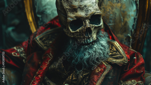 A detailed and eerie image of a skeleton dressed in an elaborate red coat with intricate gold embroidery. The setting has a dark, vintage feel, adding to the macabre, generative ai