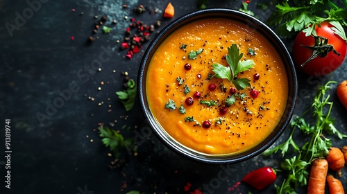 Macro Shot of Carrot Soup with Bright Orange Color and Fresh Garnish for Advertising