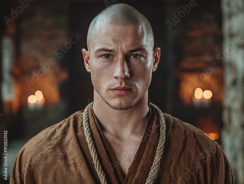 Serious man in brown robe