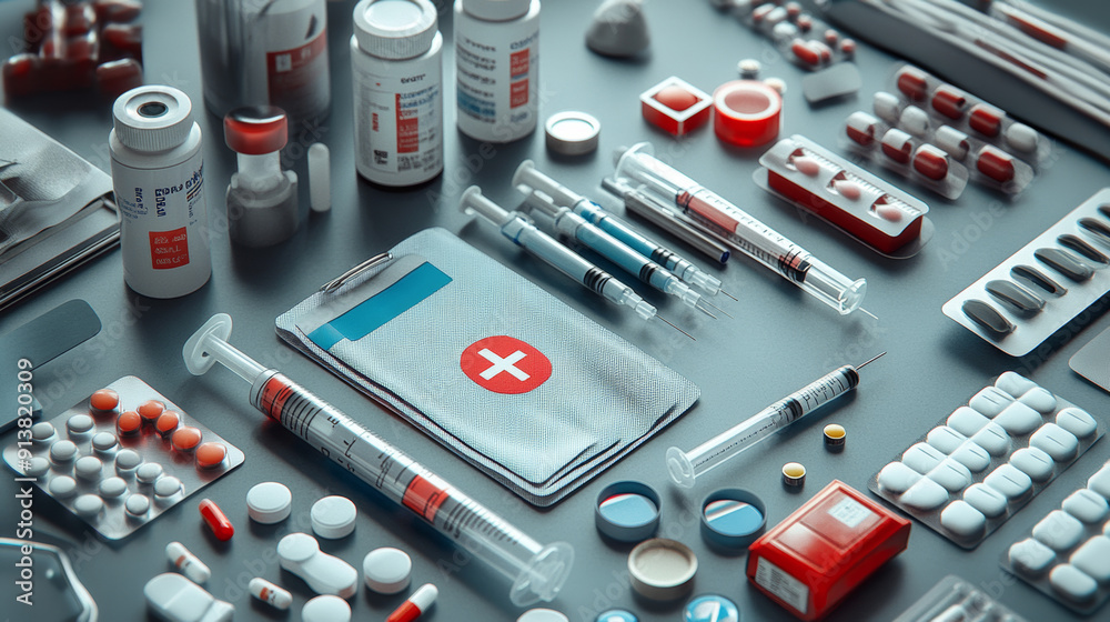 Medical tools and equipment for hospitals and clinics. These include spray, pills, first aid kit, thermometer, syringe, heartrate, and stethoscope. Medical tools and equipment for hospitals and clinics. These include spray, pills, first aid kit, thermometer, syringe, heartrate, and stethoscope.