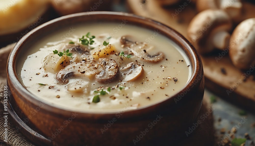 Macro Shot of Mushroom Soup with Earthy Tones and Creamy Texture for Advertising Macro Shot of Mushroom Soup with Earthy Tones and Creamy Texture for Advertising