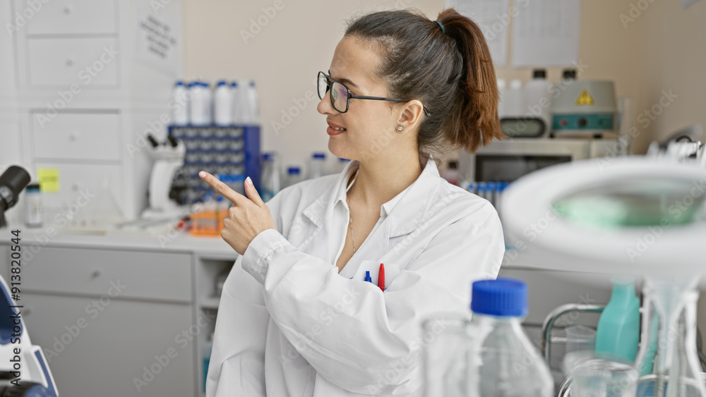 A young hispanic woman, wearing lab coat, is pointing at something interesting in a laboratory filled with scientific equipment. A young hispanic woman, wearing lab coat, is pointing at something interesting in a laboratory filled with scientific equipment.