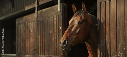 Serene Racehorse in Stable Looking Out Over Door with Calm, Intelligent Expression