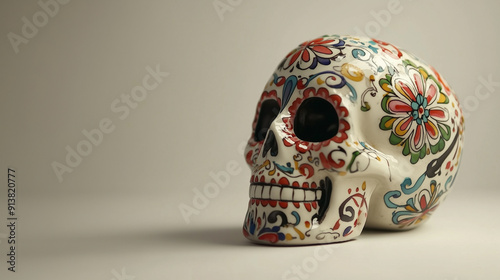 A colorful skull with flowers painted on it sits on a white background