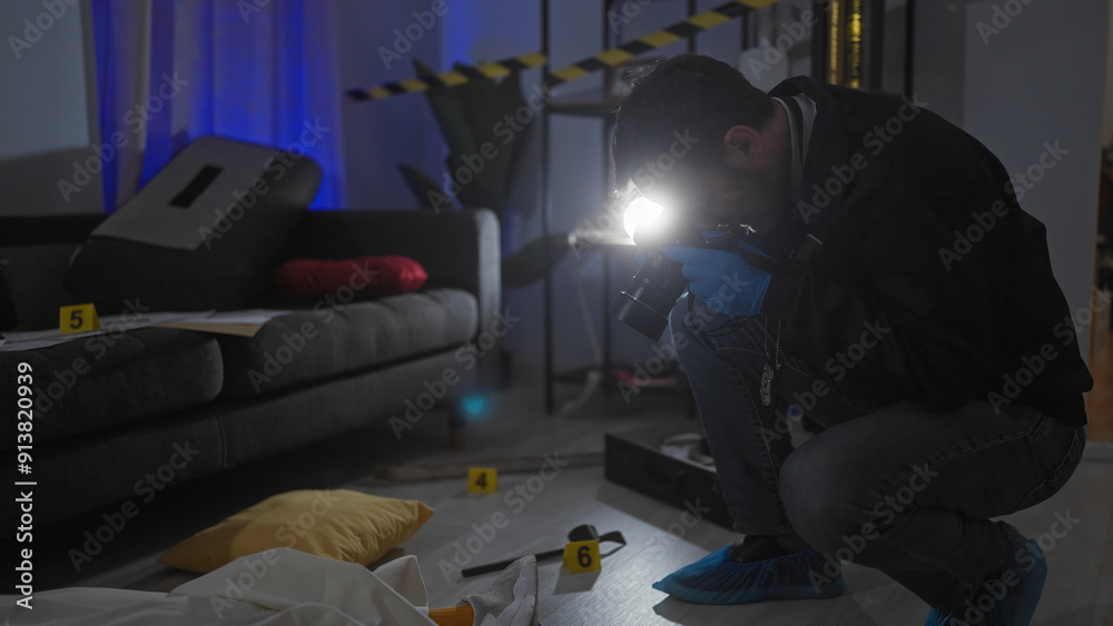 A middle-aged man examining evidence at an indoor crime scene with a camera. A middle-aged man examining evidence at an indoor crime scene with a camera.