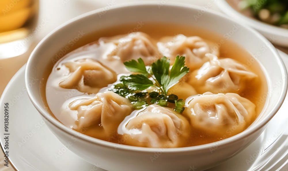 Macro Shot of Wonton Soup with Delicate Dumplings and Clear Broth for Advertising Macro Shot of Wonton Soup with Delicate Dumplings and Clear Broth for Advertising