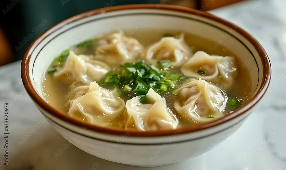 Macro Shot of Wonton Soup with Delicate Dumplings and Clear Broth for Advertising Macro Shot of Wonton Soup with Delicate Dumplings and Clear Broth for Advertising