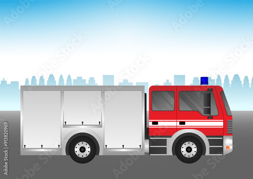 Fire Engine or Fire Truck Driving on the Road in the City. Vector Illustration.