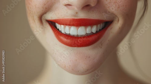  A woman's face, closely framed Freckles dotting hair Red lipstick on lips