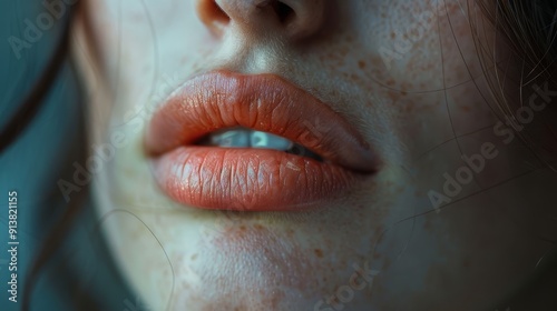  A close-up of a woman's face with freckles on her lips and one freckle on her upper lip photo