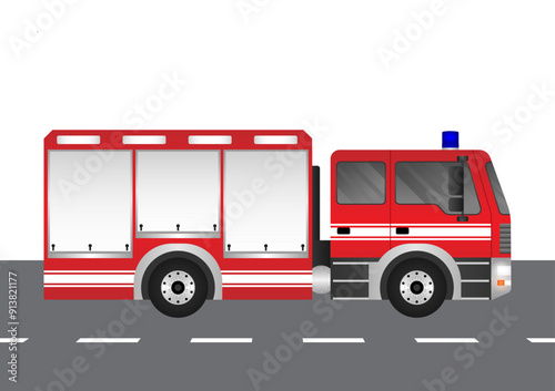 Fire Engine or Fire Truck Driving on the Road. Vector Illustration.