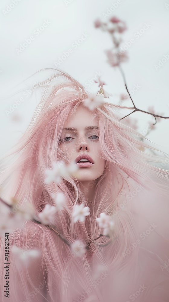 Portrait of a woman with pink hair amidst delicate flower blossoms, evoking a dreamy and ethereal atmosphere. Portrait of a woman with pink hair amidst delicate flower blossoms, evoking a dreamy and ethereal atmosphere.