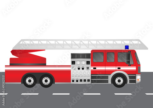 Fire Engine or Fire Truck Driving on the Road. Vector Illustration.