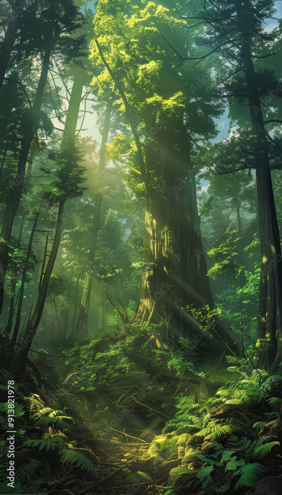 Ancient Majestic Forest with Towering Trees and Rich Understory - Old Growth Preservation Scene Ancient Majestic Forest with Towering Trees and Rich Understory - Old Growth Preservation Scene
