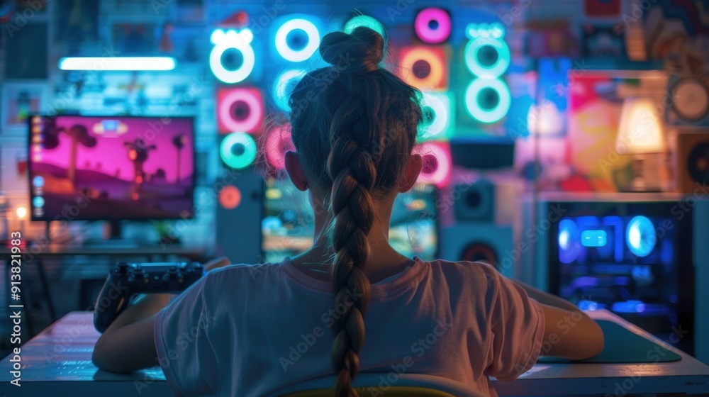 Girl Playing Video Games in a Colorful Room Girl Playing Video Games in a Colorful Room