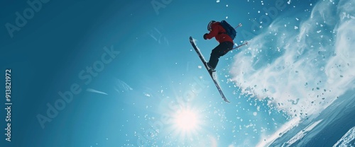 Freeride skier performing a jump against a bright blue sky with the sun shining and snow spray. With copy space for text. Wide web banner