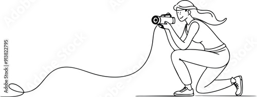 Line Art Illustration of Woman Photographer Kneeling with Camera