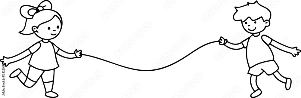 Children Playing with Jumprope in Line Art Style Children Playing with Jumprope in Line Art Style