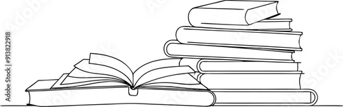 Stack of Books and Open Book Line Drawing