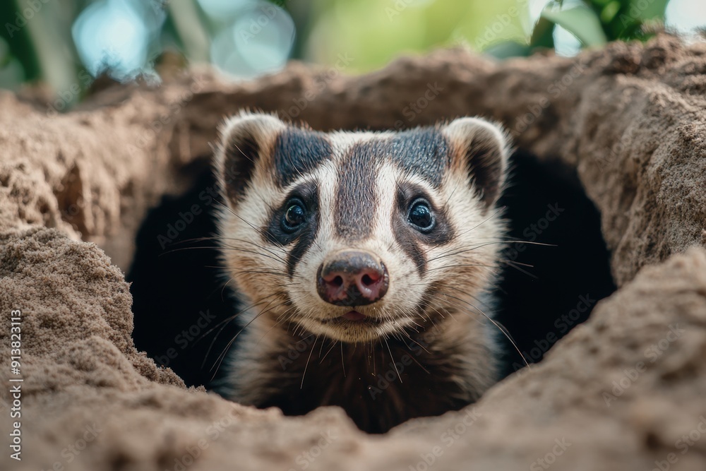 Fototapeta premium Curious woodland creature peeking out from burrow