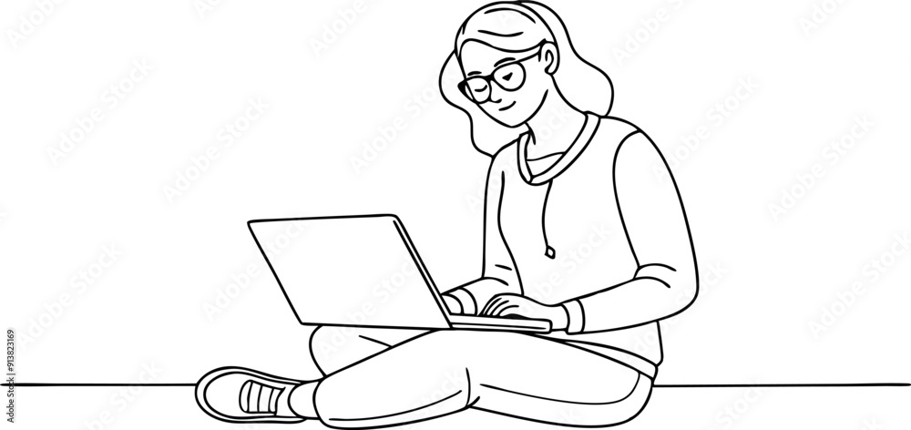 Woman Working on Laptop Sitting Cross-Legged Woman Working on Laptop Sitting Cross-Legged